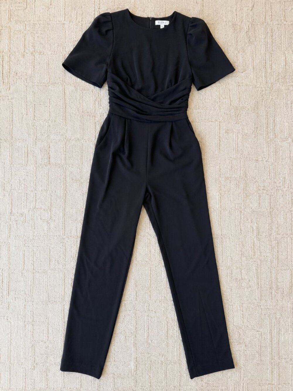 Eliza J Petite Black Balloon Sleeve Tie Waist Crepe Jumpsuit NWT
